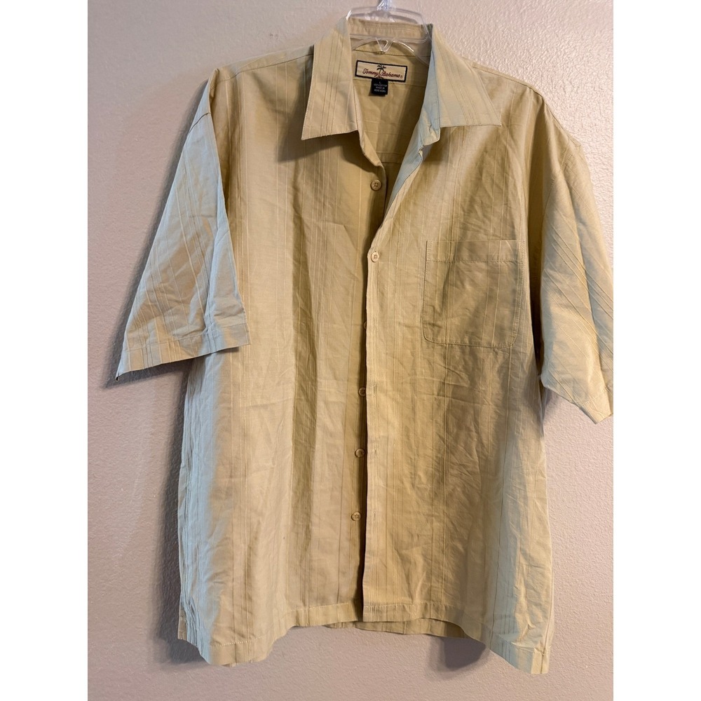Tommy Bahama Mens Large Tan Beige Vertical Stripe Short Sleeve Cotton Camp Shirt